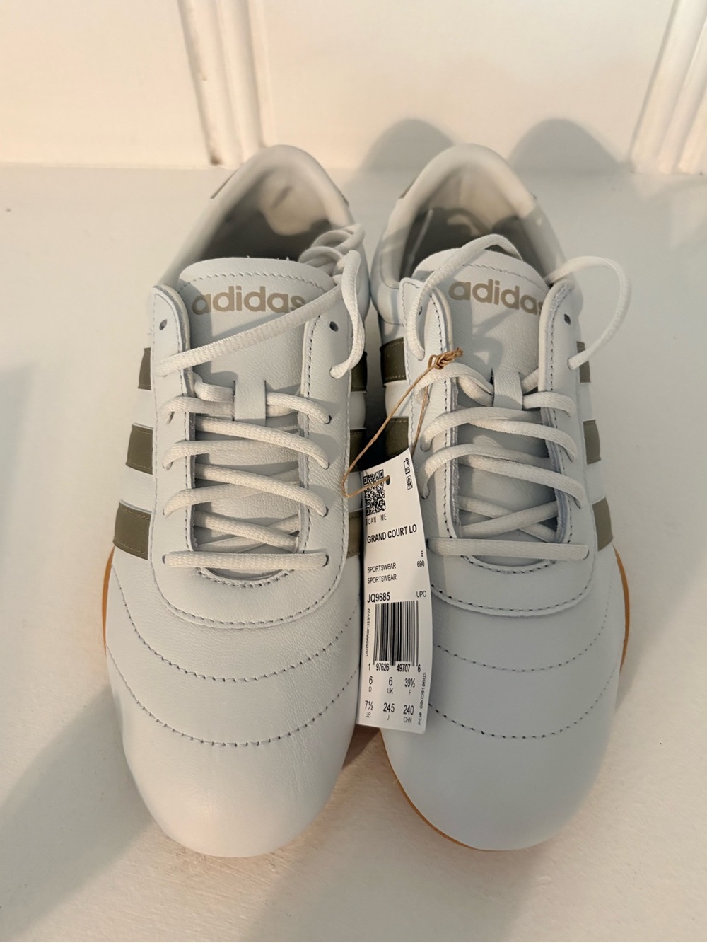 adidas White Sneakers with Olive Stripes and Gum Sole